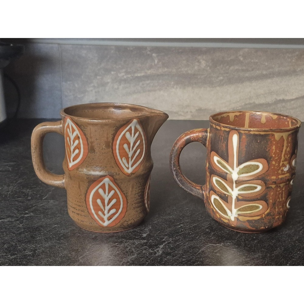 MCM Set of 2 Vintage Japanese Pottery Creamer Pitcher Mug Cup Plants Leaves - Picture 3 of 6